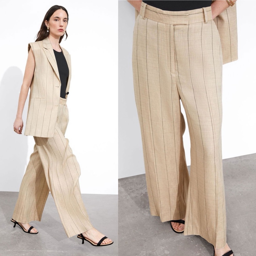 & Other Stories Wide Linen-Blend Trousers Pinstripe Tan US 4 NWT High Waist - Picture 2 of 15